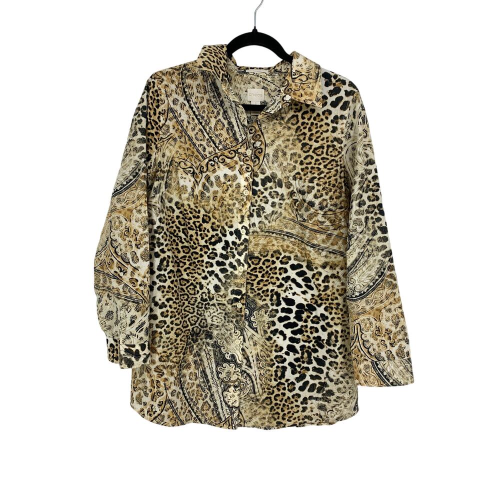 Chicos Blouse Womens Size 1 US M Animal Print No Iron Buttondown Long Sleeve